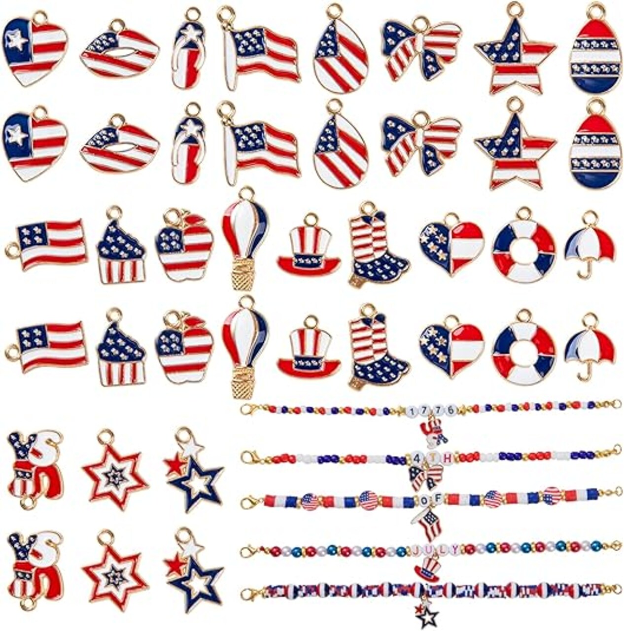 40PCS 4th of July Charms for Jewelry Making, Assorted Independence Day Metal Charms for DIY Necklace Bracelet Earring Jewelry Making and Crafting (Red White and Blue)